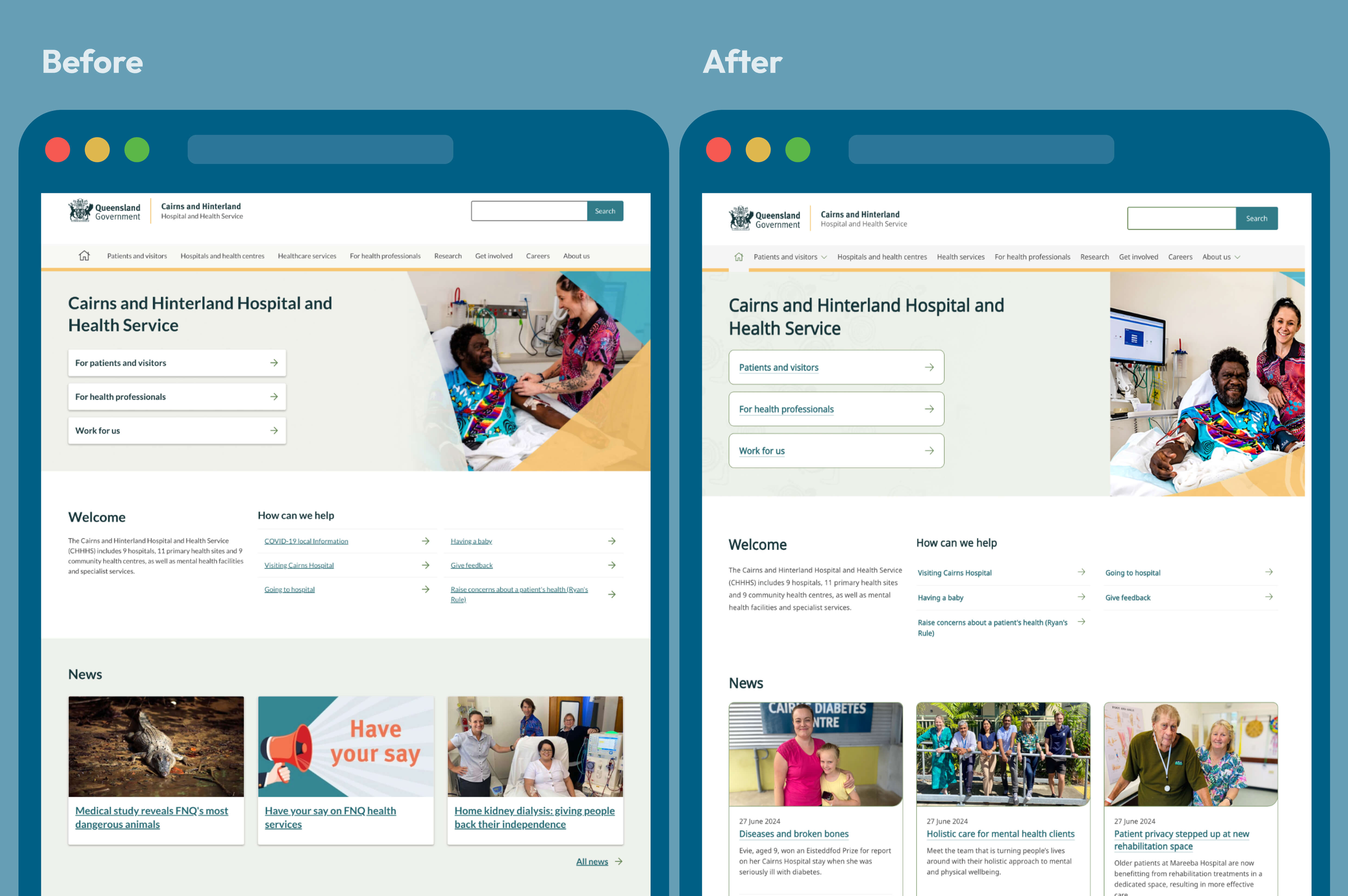 Side by side before and after image showing changes on a government website